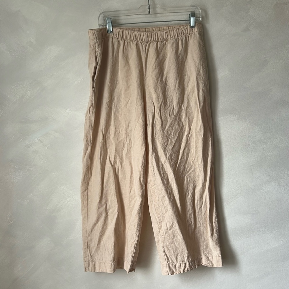 Joe Fresh Linen Cotton Pants Linen Elastic Waist Wide Leg Cropped medium beige